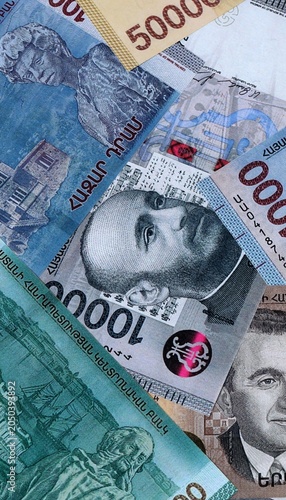 Фотография Armenian dram money banknotes bunch on table