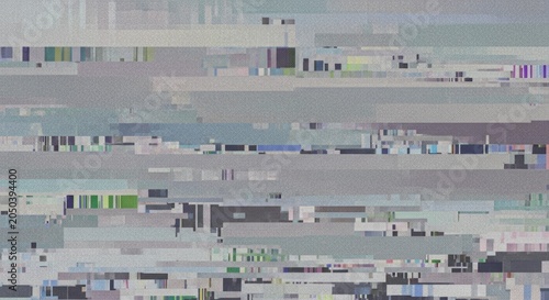 Digital glitch screen with pixelated artifacts and distorted signal noise. Abstract technological background representing internet connectivity issue. Data corruption and electronic failure.