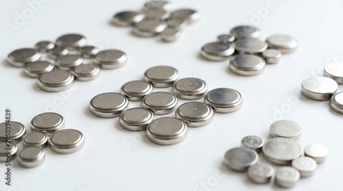 Groups of metallic button cell batteries arranged on a white background, coin cell lithium batteries