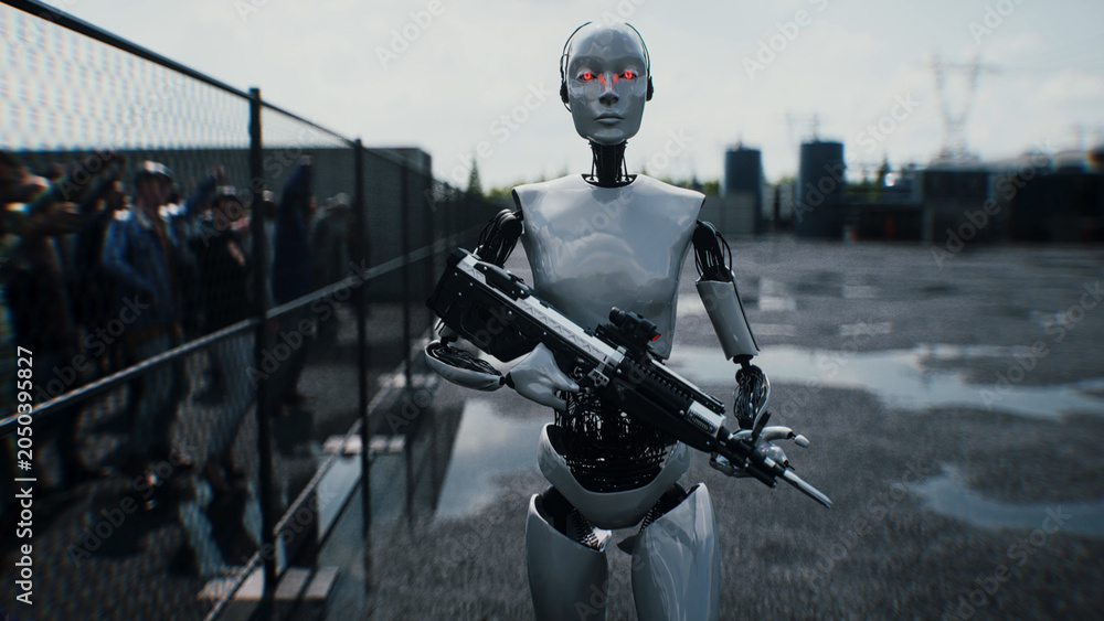 Naklejka premium Robot carrying weapon, angry crowd protesting AI near a data center, anti-AI concept. 3d rendering.