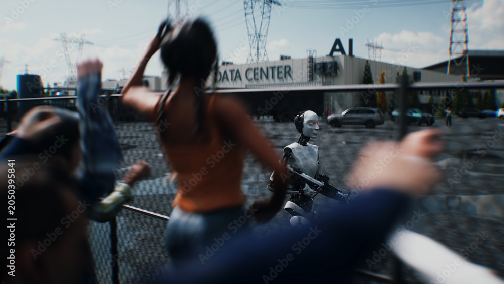 Obraz premium Robot carrying weapon, angry crowd protesting AI near a data center, anti-AI concept. 3d rendering.