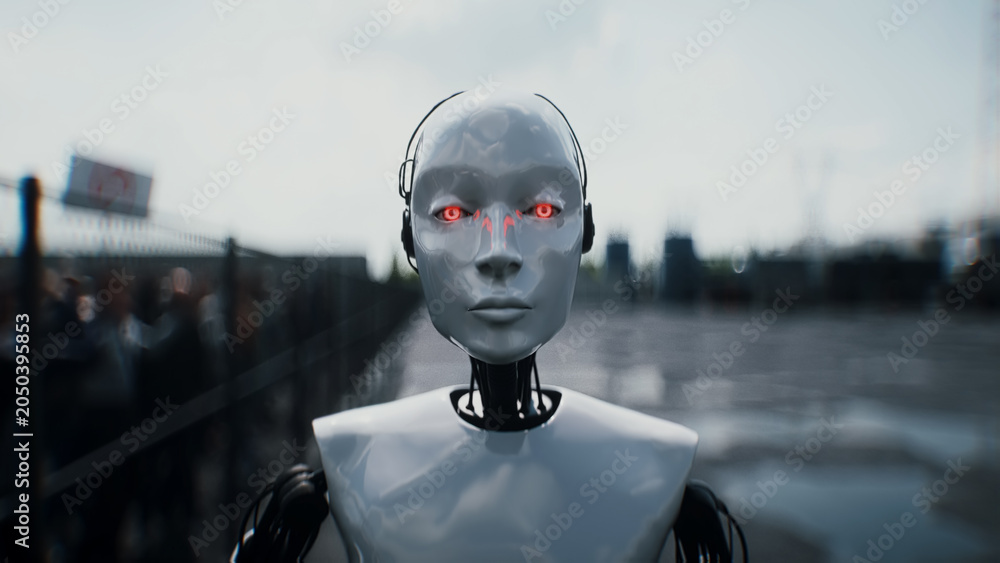Naklejka premium Robot carrying weapon, angry crowd protesting AI near a data center, anti-AI concept. 3d rendering.