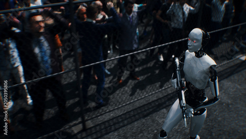 Photos Robot carrying weapon, angry crowd protesting AI near a data center, anti-AI concept