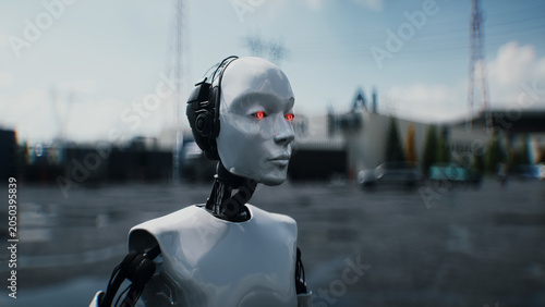 Photos Robot carrying weapon, angry crowd protesting AI near a data center, anti-AI concept