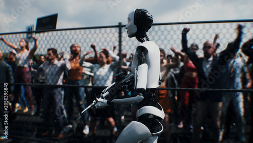Quadro su tela Robot carrying weapon, angry crowd protesting AI near a data center, anti-AI concept