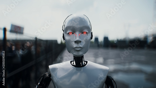 Εκτύπωση καμβά Robot carrying weapon, angry crowd protesting AI near a data center, anti-AI concept