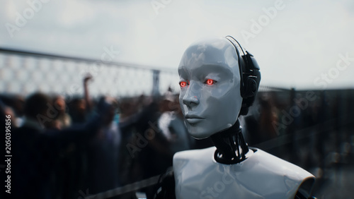 Cuadro en lienzo Robot carrying weapon, angry crowd protesting AI near a data center, anti-AI concept