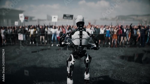 Robot carrying weapon, angry crowd protesting AI near a data center, anti-AI concept.