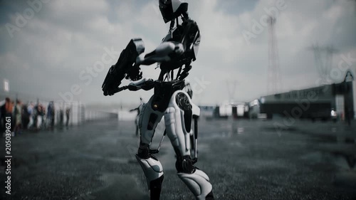 Robot carrying weapon, angry crowd protesting AI near a data center, anti-AI concept.