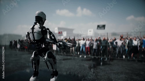 Robot carrying weapon, angry crowd protesting AI near a data center, anti-AI concept.