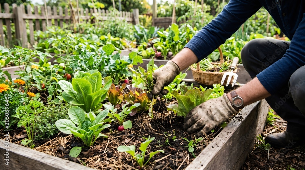 Fototapeta premium Gardener hands in gloves working in a raised garden bed, planting and harvesting fresh organic vegetables in backyard garden