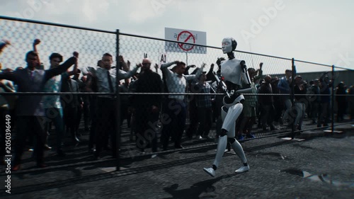 Robot carrying weapon, angry crowd protesting AI near a data center, anti-AI concept.