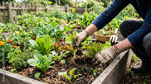 Gardener hands in gloves working in a raised garden bed, planting and harvesting fresh organic vegetables in backyard garden