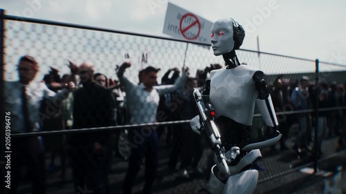 Robot carrying weapon, angry crowd protesting AI near a data center, anti-AI concept.