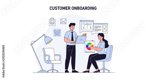 Customer Onboarding Process Illustration: Team Collaboration, Design Thinking, and User Experience