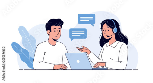 Customer Service Illustration: People Communicating via Laptop and Chat Bubbles