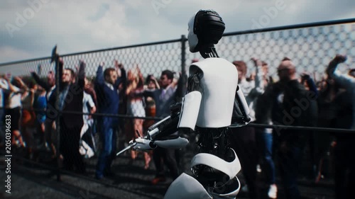 Robot carrying weapon, angry crowd protesting AI near a data center, anti-AI concept.