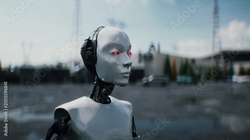 Robot carrying weapon, angry crowd protesting AI near a data center, anti-AI concept.