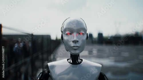 Robot carrying weapon, angry crowd protesting AI near a data center, anti-AI concept.