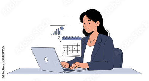 Businesswoman working on laptop with calendar and analytics chart, symbolizing planning, strategy, and productivity