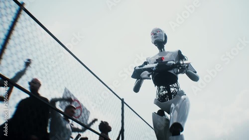 Robot carrying weapon, angry crowd protesting AI near a data center, anti-AI concept.