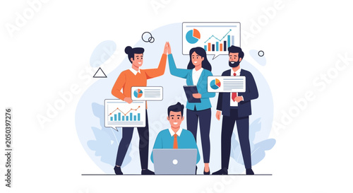 Slika na platnu Diverse Business Team Celebrates Success with Data Charts and High Fives, Flat V
