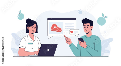 Couple Discussing Steak Order Online Via Laptop and Smartphone App