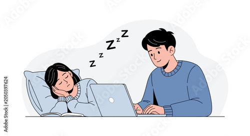 Couple working remotely, one partner sleeps while the other works on laptop