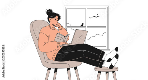 Cozy Woman Relaxing Indoors Reading Book and Using Laptop by Window