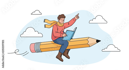 Creative Journey: Man Riding a Flying Pencil, Reading and Pointing Towards Future