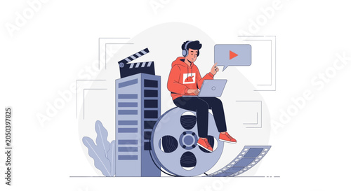 Creative Filmmaking and Video Production Concept - Young Man Editing Film with Laptop, Film Reel, Clapperboard and Play Button Icon.
