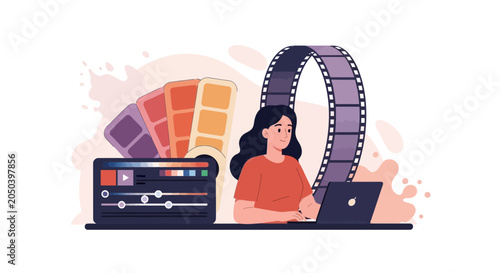 Creative Process: Woman Editing Video with Laptop, Color Swatches, and Film Reel
