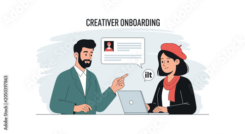 Creative Professional Onboarding Illustration: Mentoring and Training in a Modern Workplace