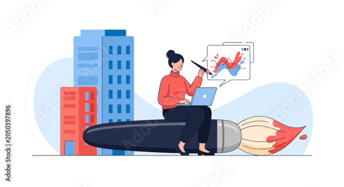 Creative professional riding a paintbrush to success, analyzing data with laptop and stylus, symbolizing innovation and growth in urban business