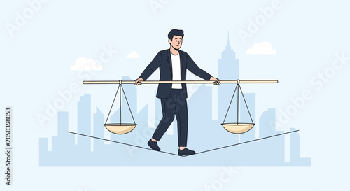 Businessman balancing on tightrope with scales, symbolizing business risk, decision making, and financial equilibrium in a city setting.