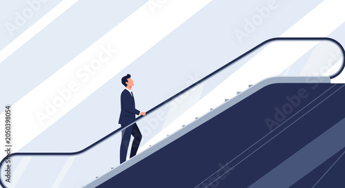 Businessman Ascending Escalator, Symbolizing Career Growth, Success, and Progress