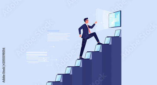 Businessman climbing stairs made of laptops towards success on a digital screen, symbolizing career growth and technology.