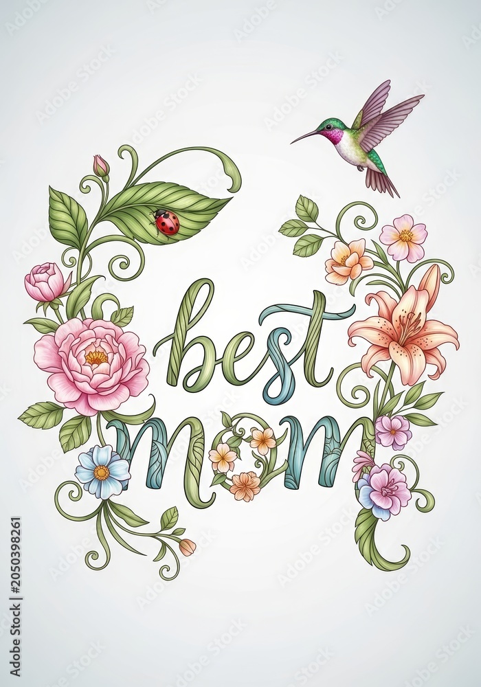 Obraz premium Best mom greeting card with floral frame. Elegant hand drawn typography surrounded by flowers, hummingbird, and ladybug. Decorative botanical illustration for Mother’s Day celebration.