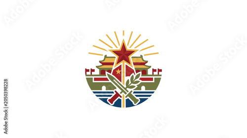 Quadro su tela Chinese Military Emblem with Tiananmen Gate and Star