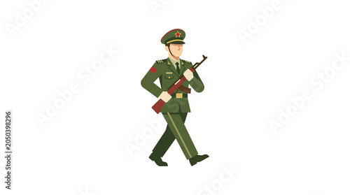 Tableau sur toile Chinese Soldier in Green Uniform Marching with Rifle, Military Parade Illustrati