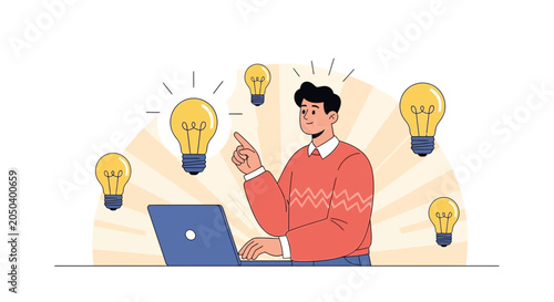 Man with Laptop and Many Ideas: Innovation, Creativity, and Problem-Solving Concept