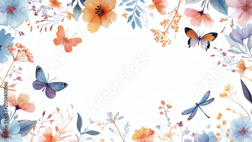 Floral and Butterfly Watercolor Border with White Background