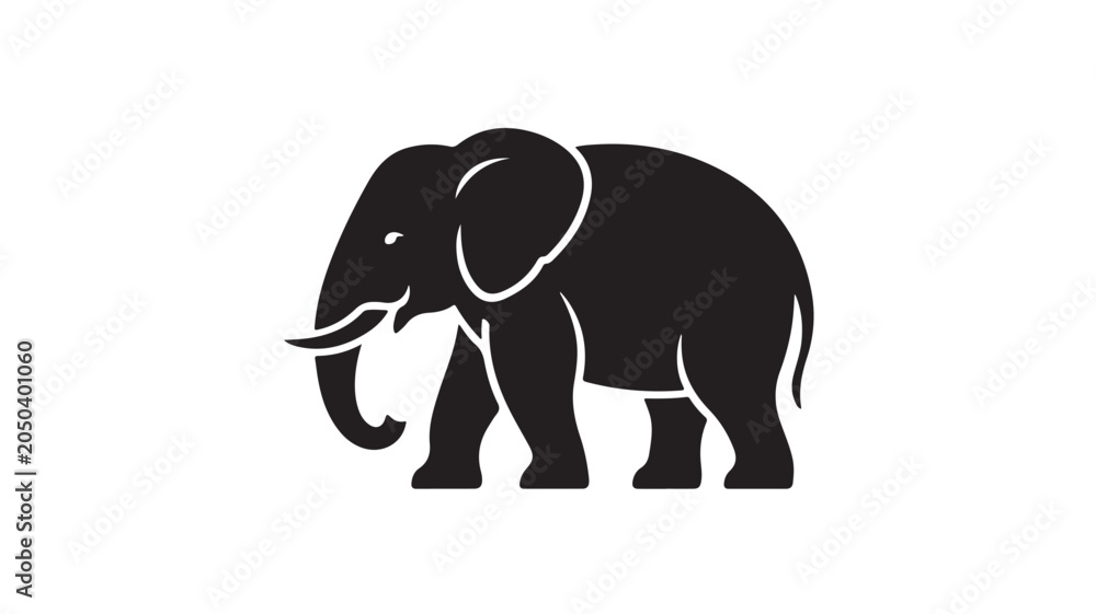 Fototapeta premium Black Elephant Silhouette Standing Isolated On White For Wildlife And Conservation Concepts
