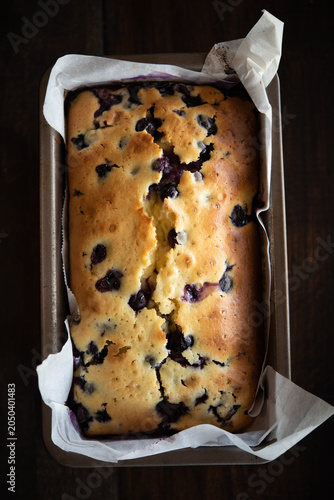Blueberry desert loaf in pan fresh out of the oven