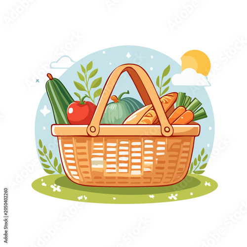 Picnic basket full of fresh vegetables and bread