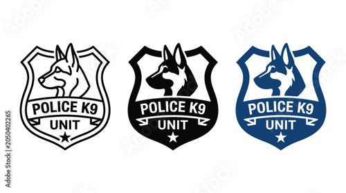 Three different variations of a police k9 unit badge logo featuring a german shepherd dog head silhouette in black blue and white outline graphic style