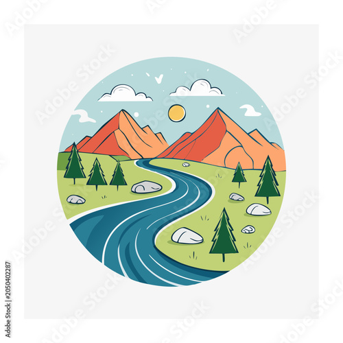 Winding road through scenic mountains and trees