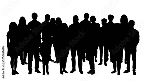 Black silhouettes of a large group of diverse people isolated on transparent background, Vector