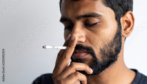 Stressed man holding cigarette with hand covering face