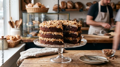 Delicious German Chocolate Cake with Coconut Pecan Frosting on a Glass Stand in a Rustic Bakery